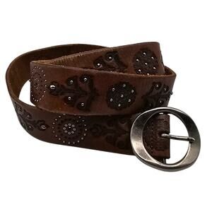Vintage Y2K Fossil belt Brown Leather Suede Studded Embossed Womens Sz large